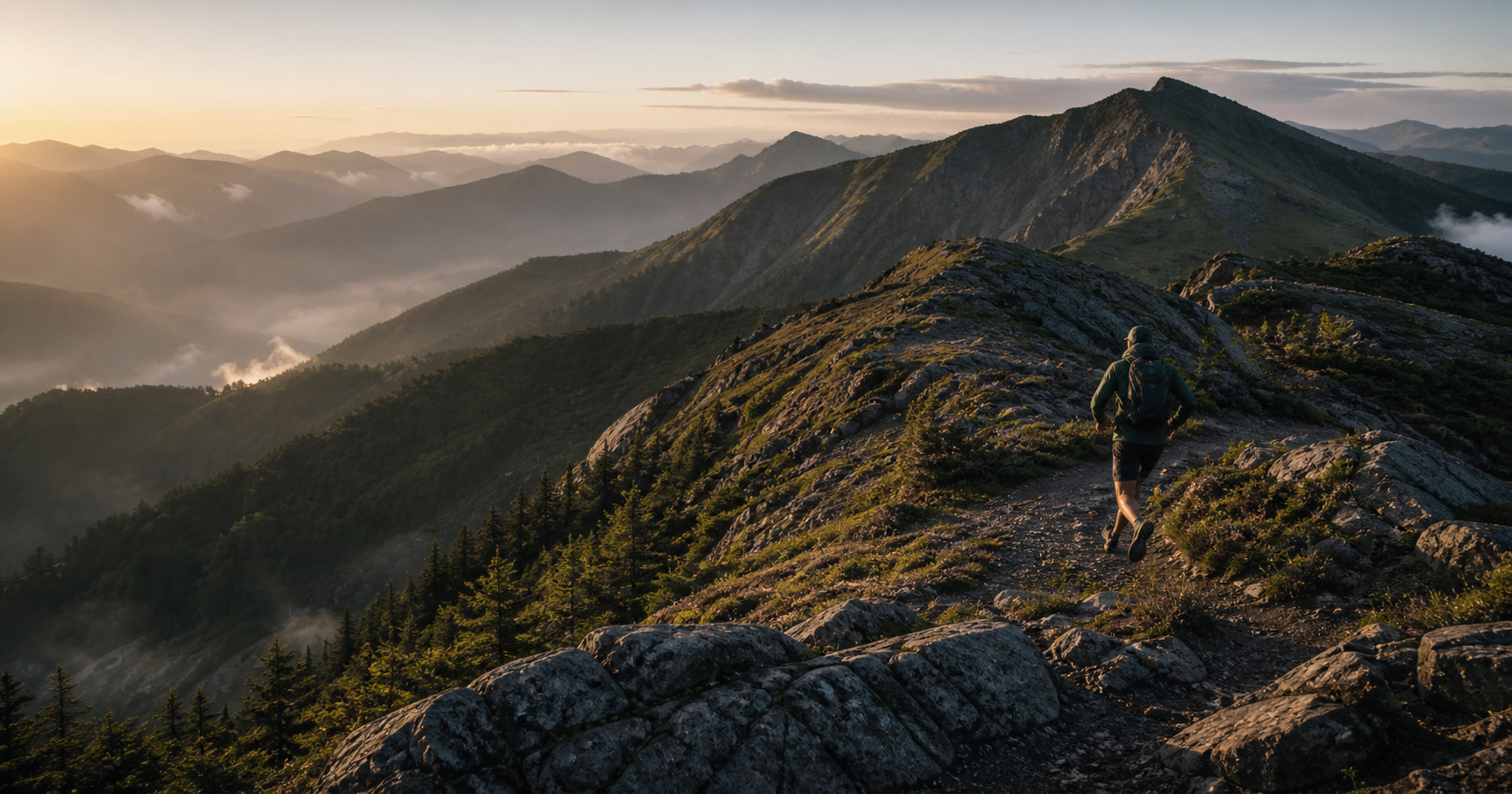 Runner moving along a mountain ridge