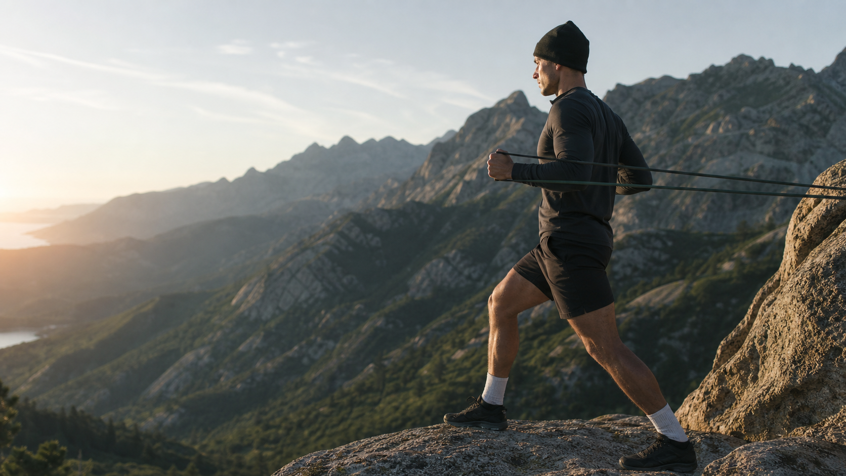Athlete training with resistance bands outdoors